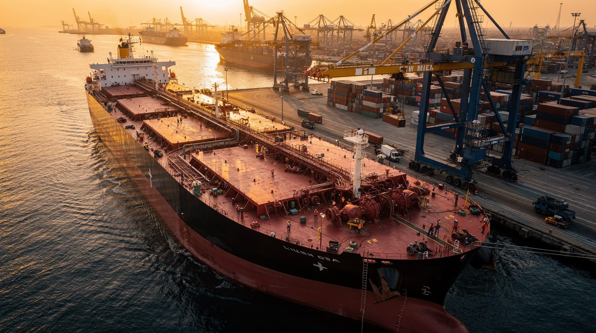 Aerial view of oil tanker port at golden hour