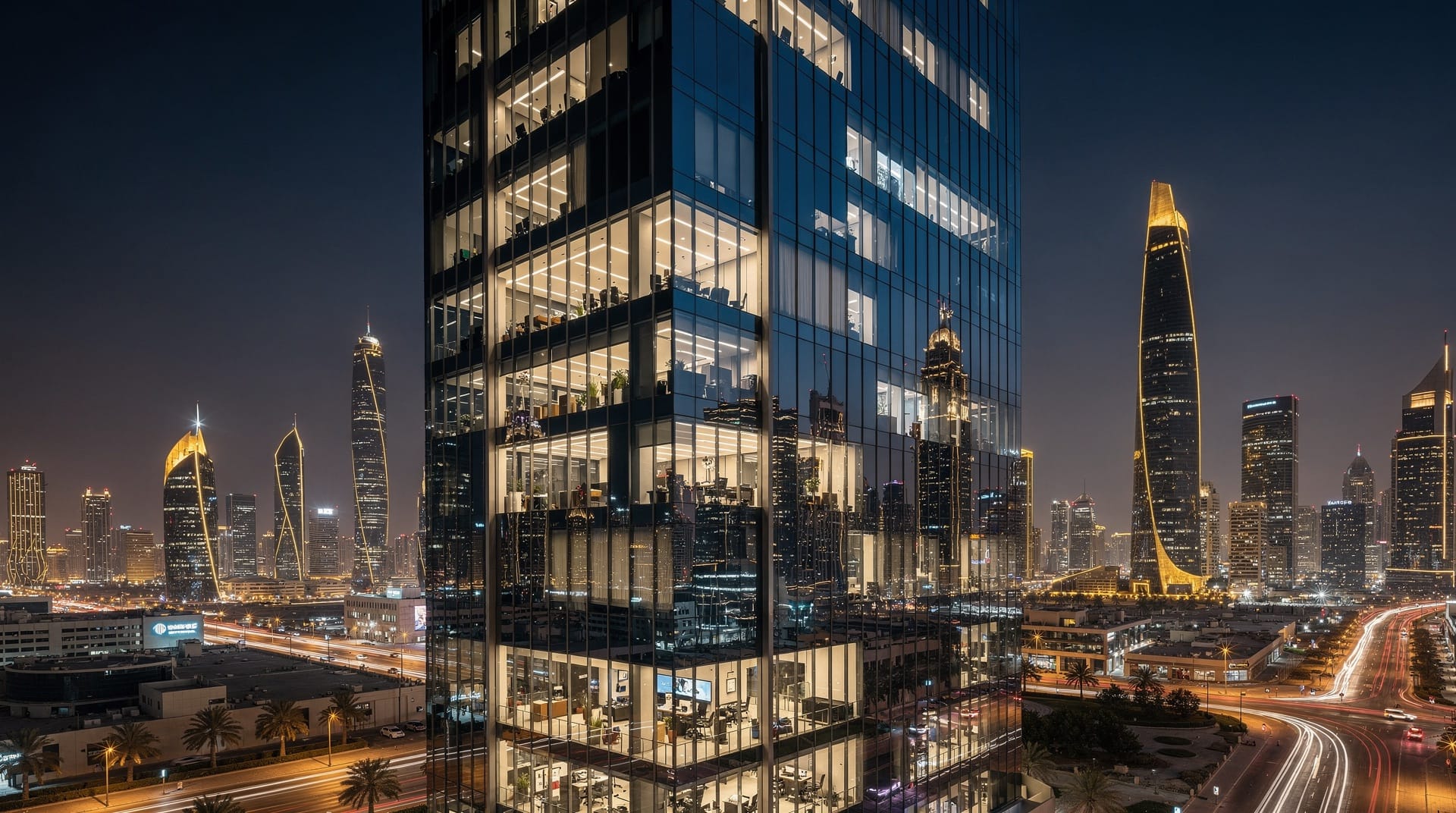 Modern Dubai office tower at night